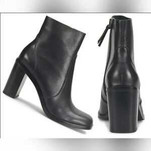 Black 11 Chic Moto Leather Minimalist Round Toe Block Heel Booties
